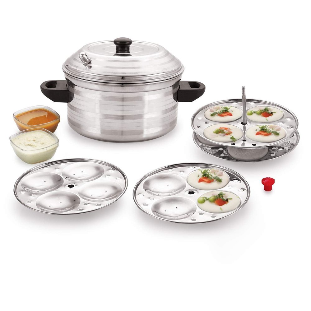 Idli Cooker Multipurpose Kadai Cum Idly Cooker, Stainless Steel, Silver,