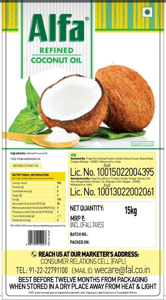 TIN 15 KG Alfa Refined Coconut Oil, For Home Purpose