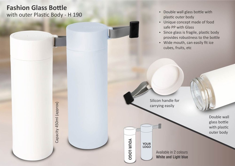 White & Blue Fashion Glass Bottle With Outer Plastic Body, Capacity: 450 ML, Size: 20.3 X 7.2 X 7