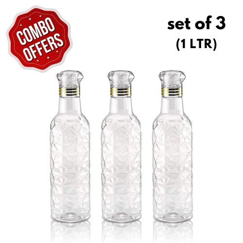 Plastic Silver Crystal Clear Water Bottle 1000 ml Bottle (Pack of 3, Clear, PET)