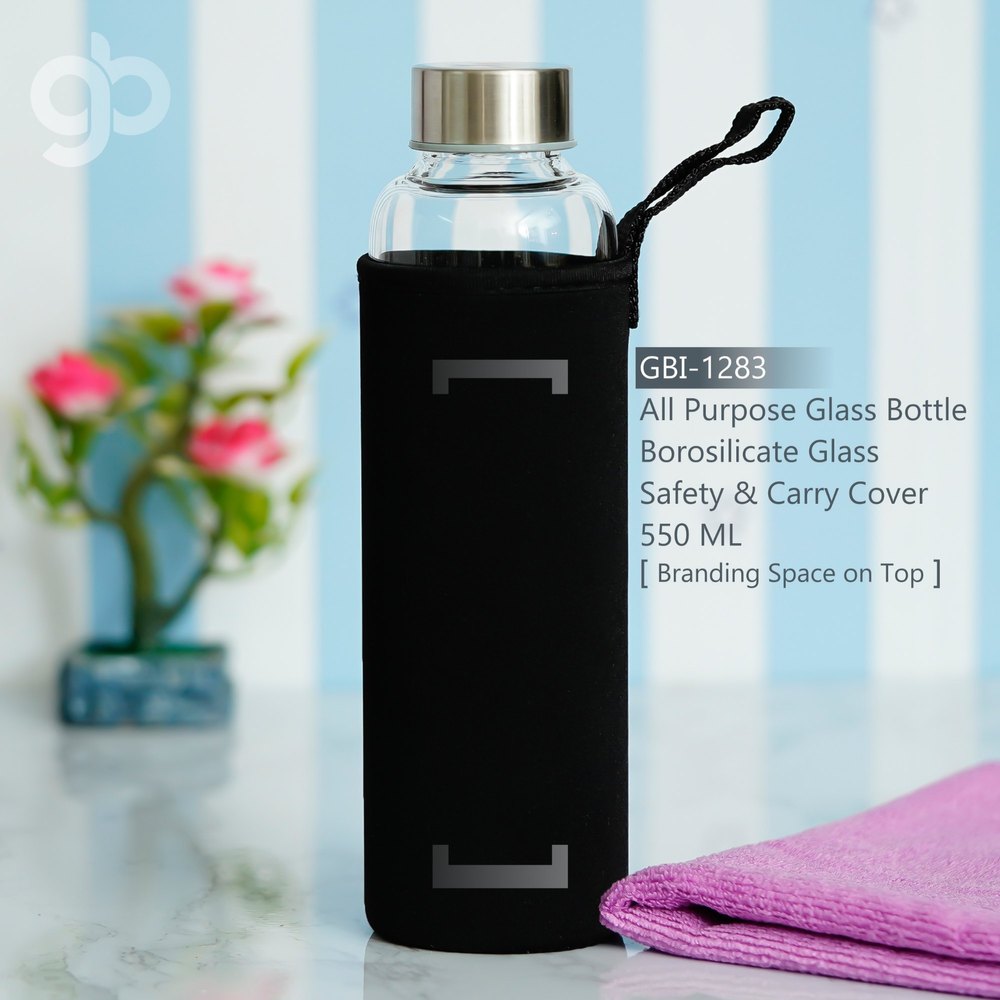 Transparent Borosilicate Glass Water Sipper Bottle with Black Cover 550 ML, Screw Cap, Size: 23.5 Cm