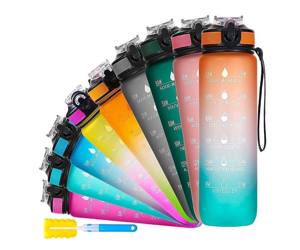 Water Bottle 1lit with Motivational Time Marker, Leakproof Durable BPA Free Non-Toxic