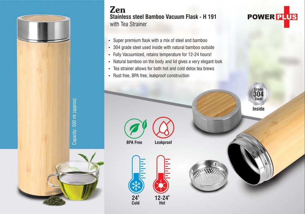 304 natural H191 Zen: Stainless Steel Bamboo Vacuum Flask, Capacity: 500 ml