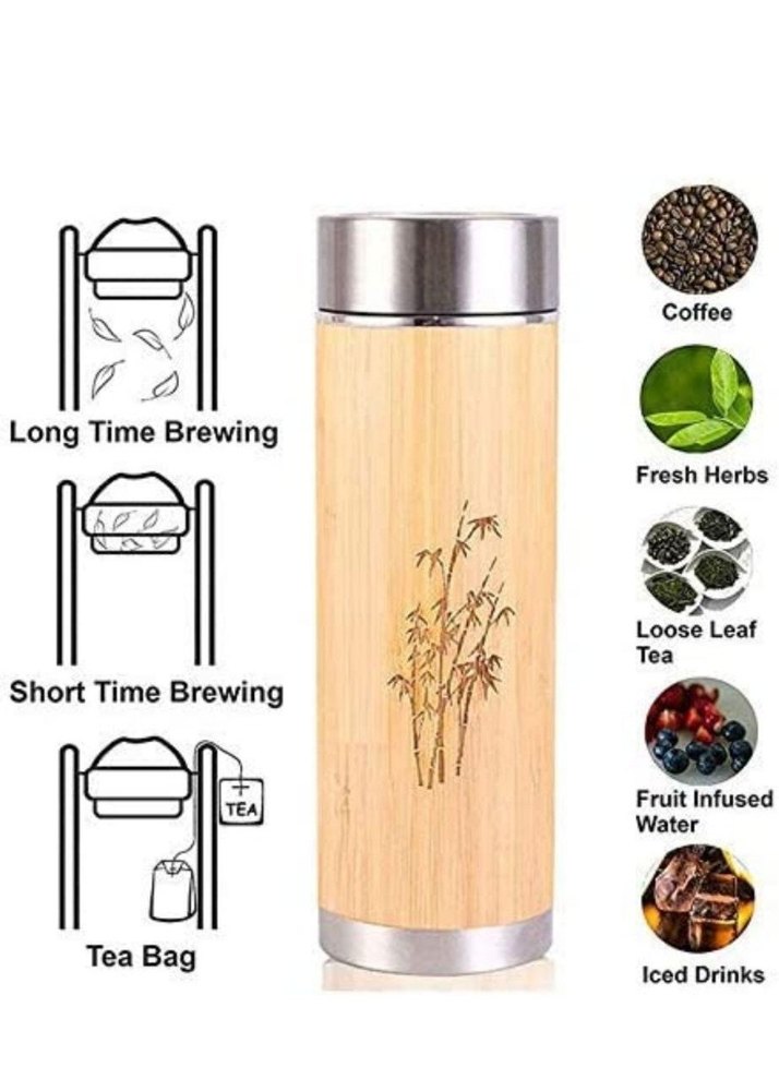 Zen Stainless Steel Bamboo Vacuum Flask With Tea Stainer, For Office, Capacity: 490 ml