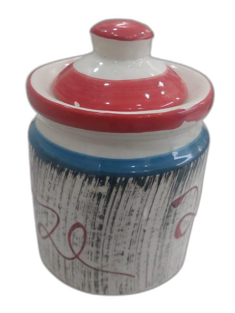 White, Blue and Red 500gm Printed Ceramic Pickle Jar