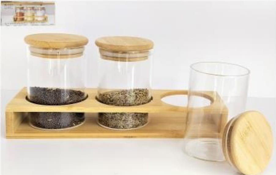 250 ML Wooden lid borosil glasses jar with tray, For Food Storage