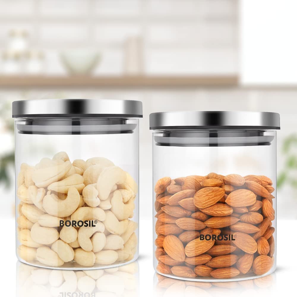 Borosil Classic Glass Jar, Air-Tight Storage Container For Kitchen, Set Of 2 (600 mL Each), Clear