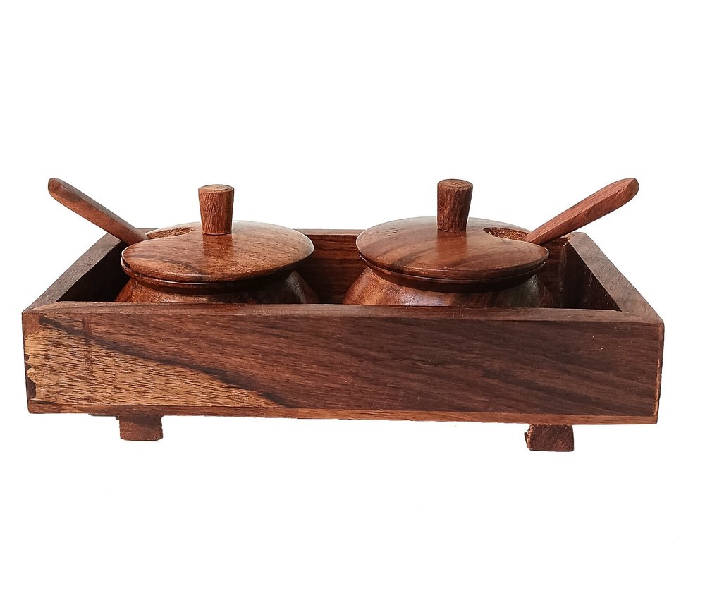 BROWN WOODEN KHUSHNIT 2 SPICE JARS WITH TRAY, Units Per Pack: 1