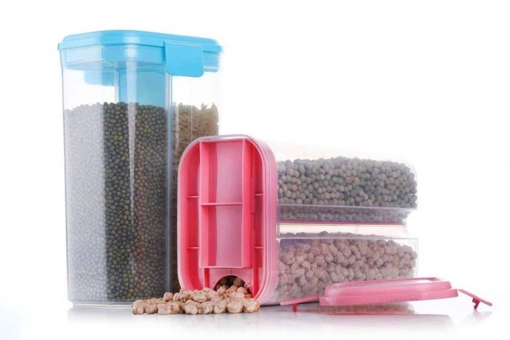 Plastic Storage Container for Kitchen 2 Sections Air Tight Transparent Food, Grain, Cereal Dispenser