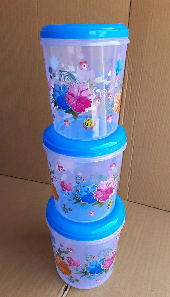 Round Transparent Plastic Flower Printed Container, Capacity: 1 kg/2 kg/3 kg 3pcs Set