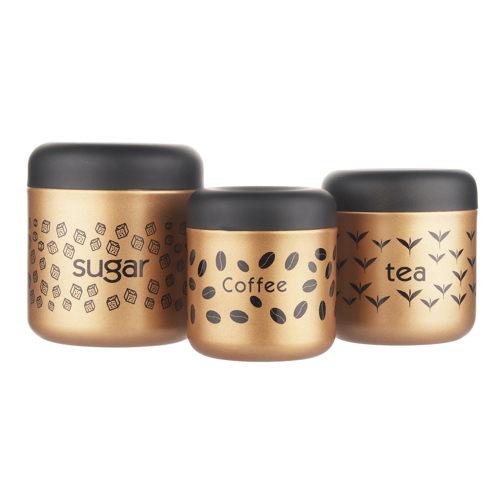 Premium Color Coated Stainless Steel Tea Coffee Sugar Container, Set of 3 Gold