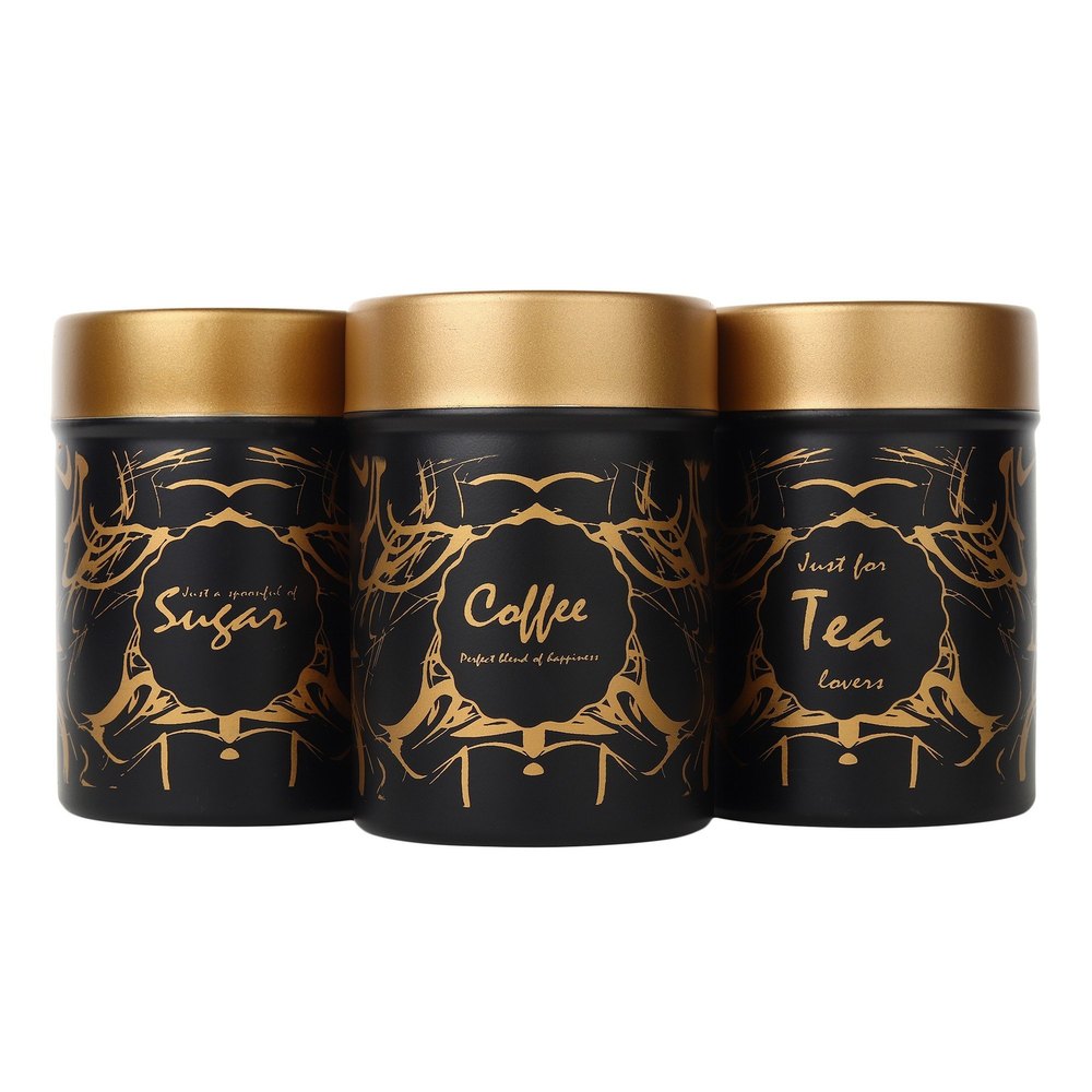 Stainless Steel Black Color Coated Abstract Design Tea Coffee & Sugar Containers
