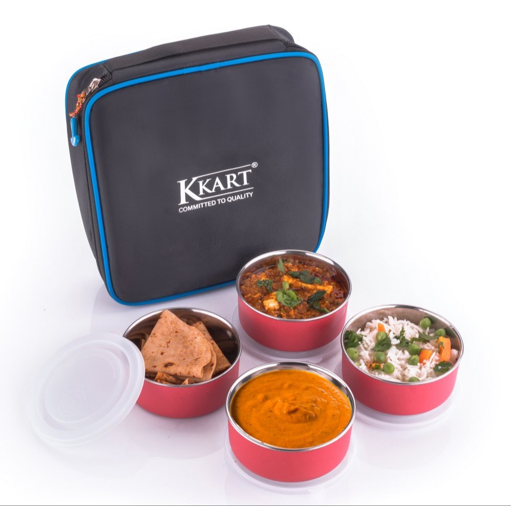 Red Air Tight Kkart Microwave Safe Lunch Box 4 Container, Round, Capacity: 300 ML