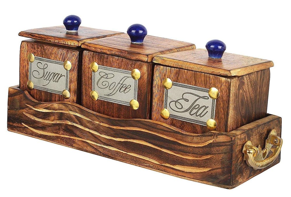 DruArts Handmade Sheesham Wood Tea, Coffee, Sugar 3 Container Set in Wooden Tray