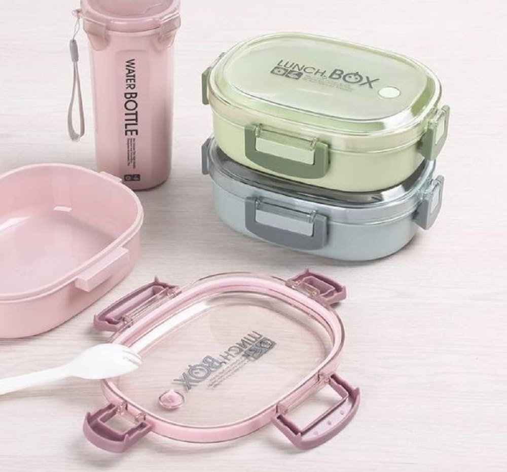 Stainless Steel And Plastic Multicolor SS Lunch Box With Water Bottle