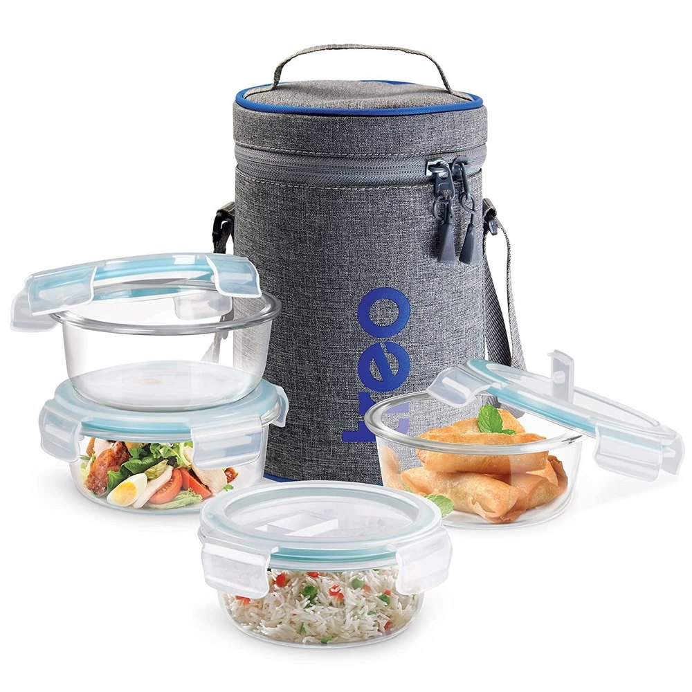 Glass Grey, Blue And Transparent Treo Borosilicate Lunch Box, Capacity: 380 ml, 4 Container