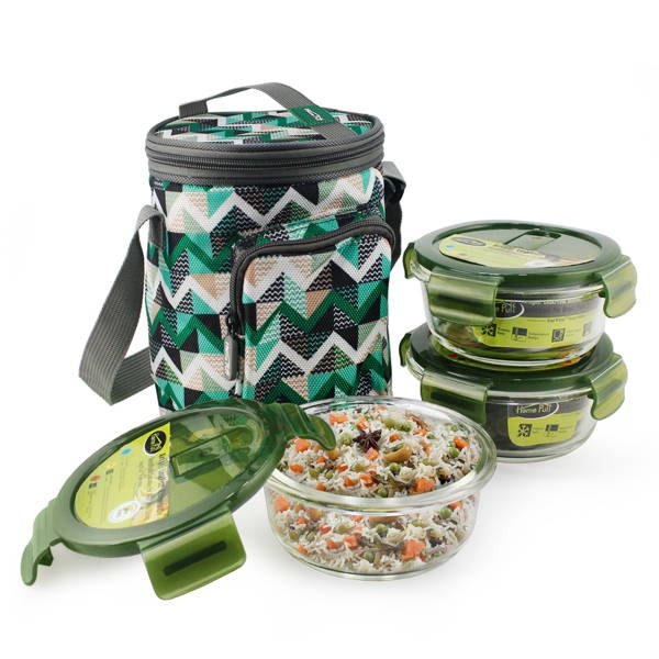 Homepuff Borosilicate Glass Lunch Box with Carry Bag, 1200 mL, Set of 3