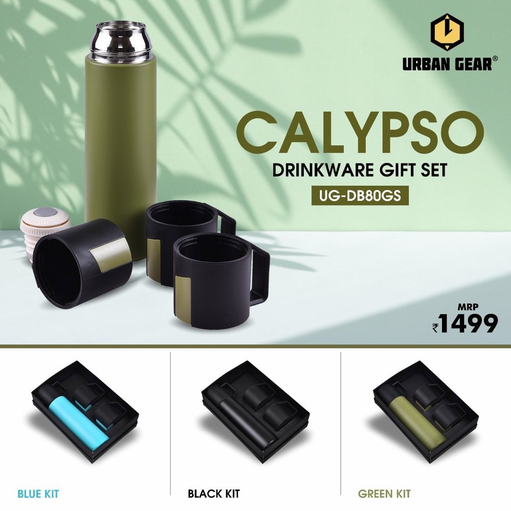Urban gear Cylindrical Vacuum Flask With 3 Cups Gift Set, For Office, Capacity: 500 ml