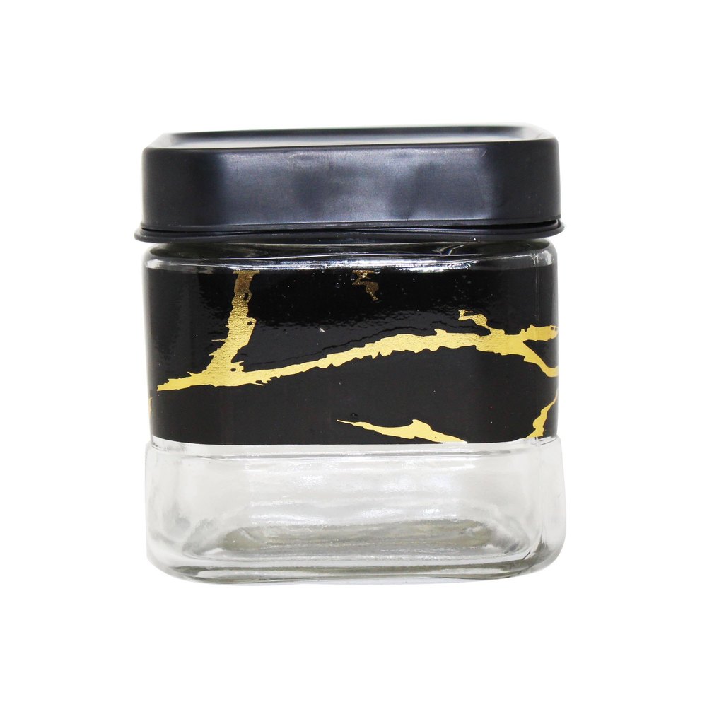 Generic Set Of 1 Piece Transparent Glass Canister with Black Strip and Golden Abstract Print, For Kitchen, Capacity: 450 Ml