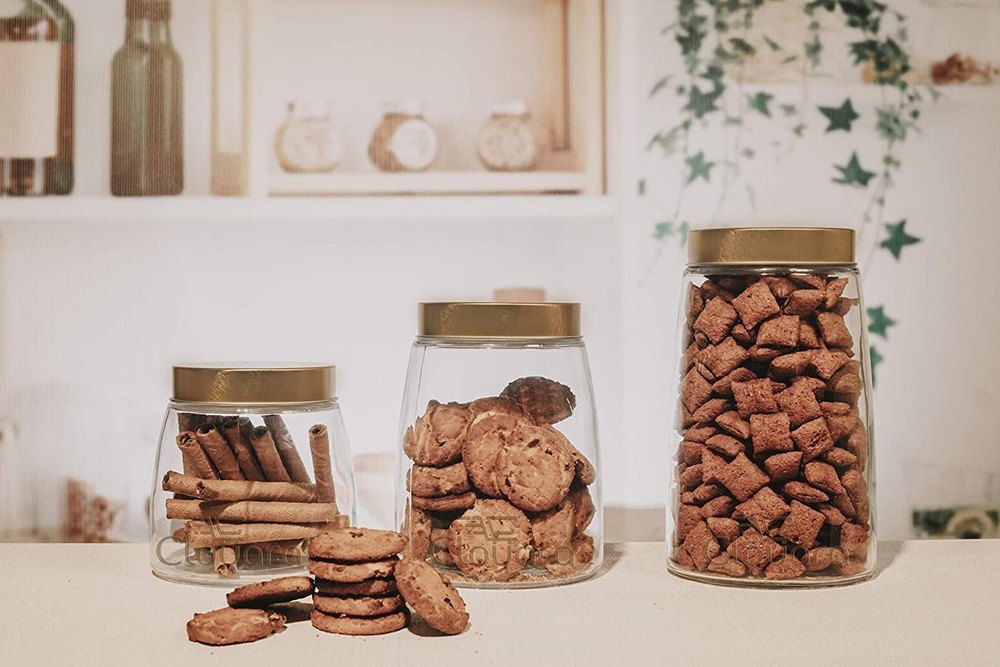 Glass Canisters Set With Gold Steel Lid For Home, Capacity: 1000ml 1500ml 2000ml