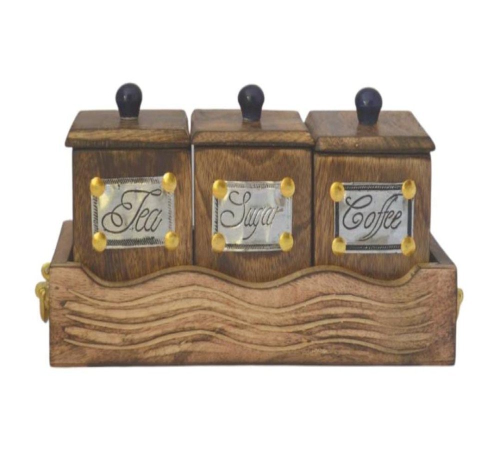 1 Sugar + 1 Tea + 1 Coffee Wooden Kitchen Canister with Lid