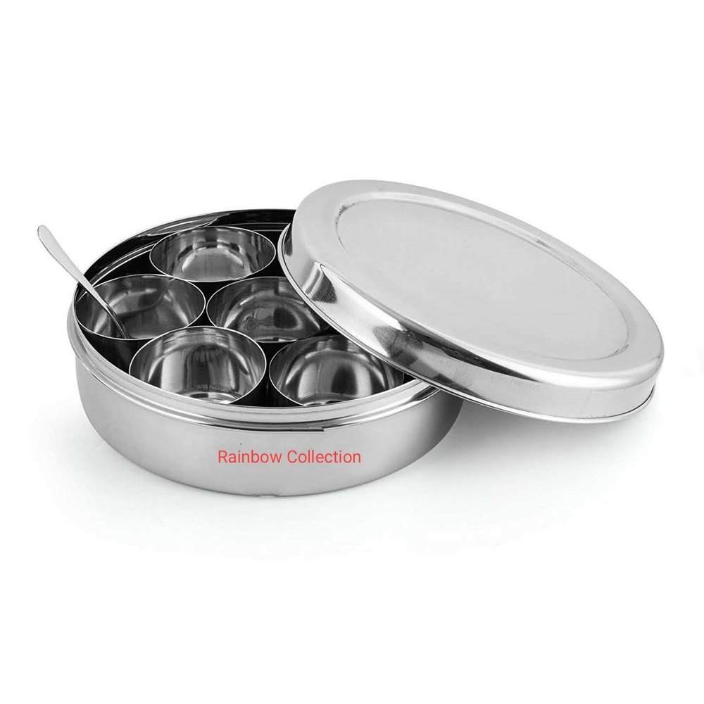 Round Silver Rainbow Collection Stainless Steel Spice Box, Thickness: 5mm