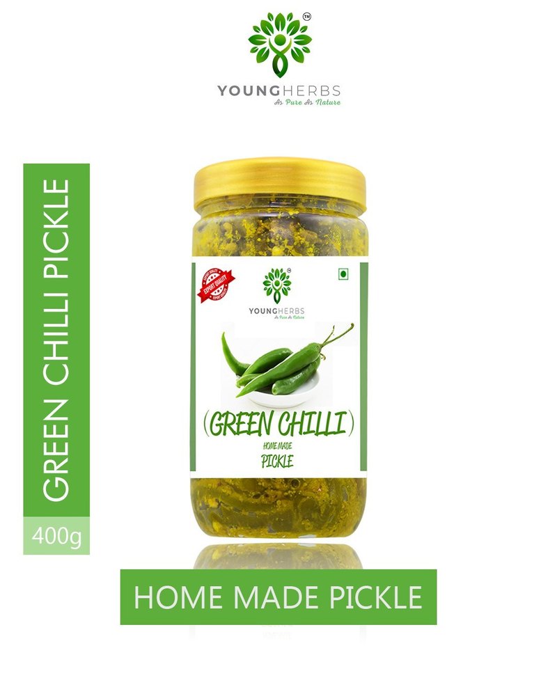 Young Herbs Spicy Green Chilli Pickle, Packaging Type: Jar, Packaging Size: 400gm