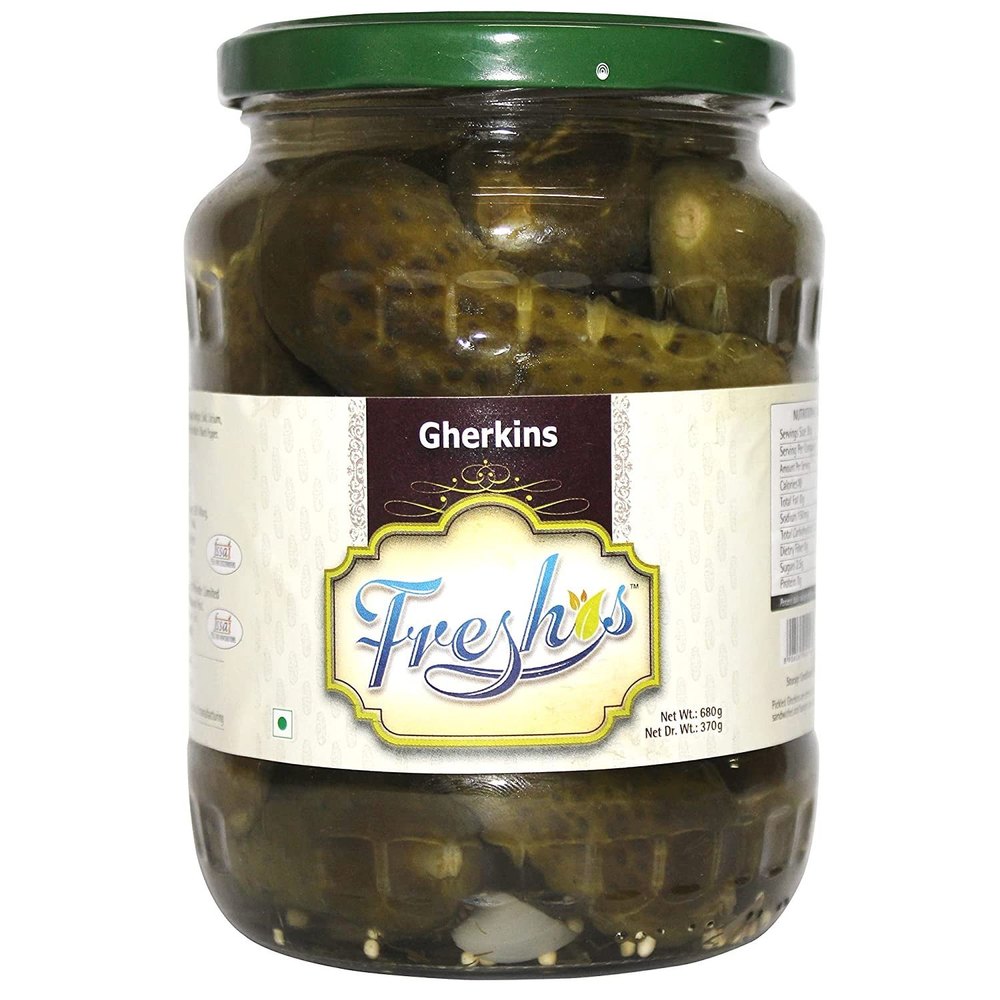 Freshos Gherkins, Green & White, Medium, Gherkins, 680 g, Bottled Packaging