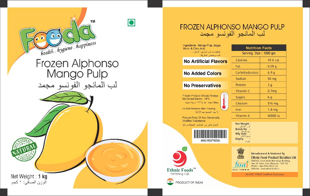 FOODA Yellow Frozen Alphonso Mango Pulp, Packaging Size: 5 Kg, Speciality: Suitable for vegetarian