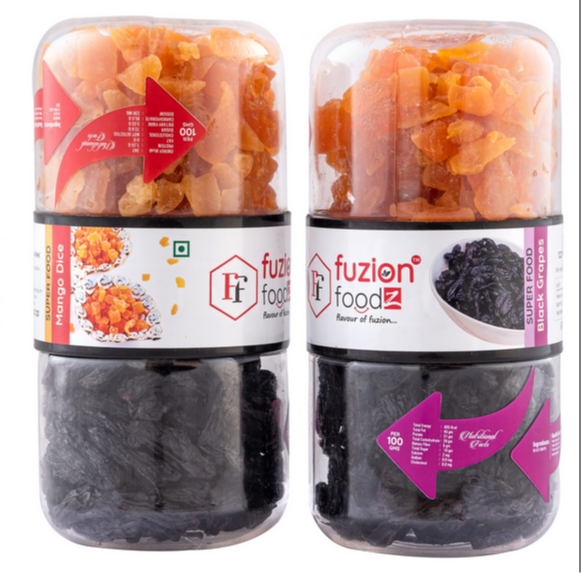 A Grade Fuzion Foodz dehydrated Mango Dice / Black Grapes, Packaging Type: Bottle, Packaging Size: 305g
