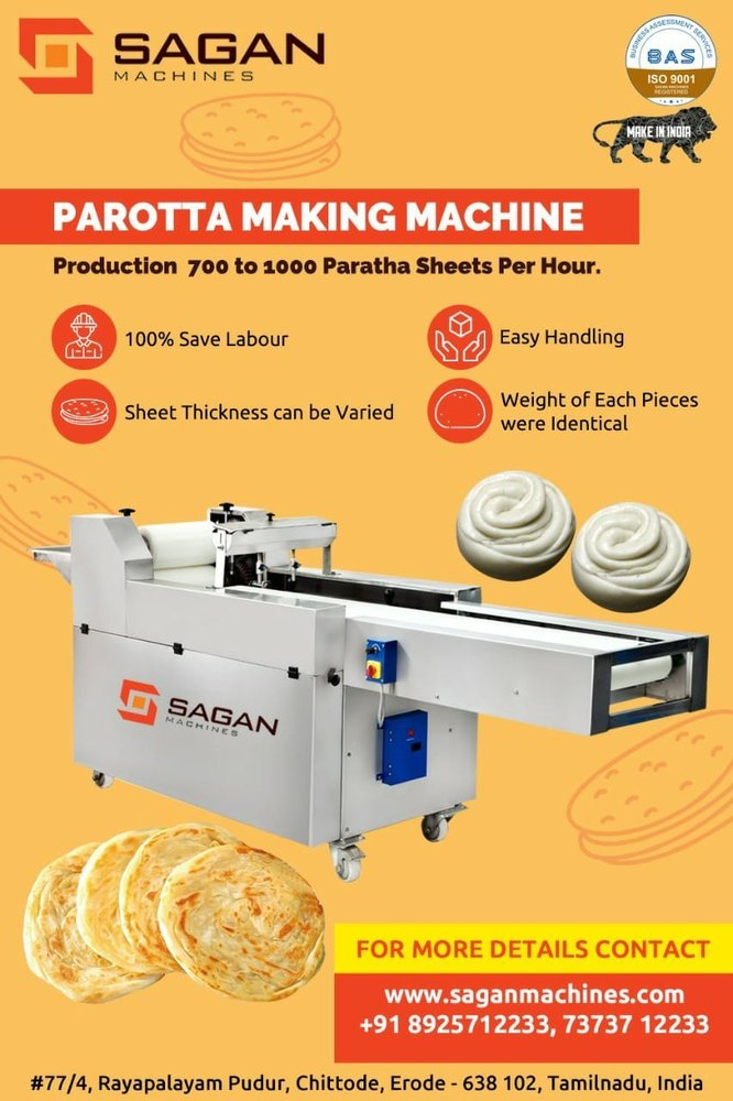 Stainless Steel Automatic Parotta Making Machine, For Restaurant, Capacity: Upto 700 Pieces
