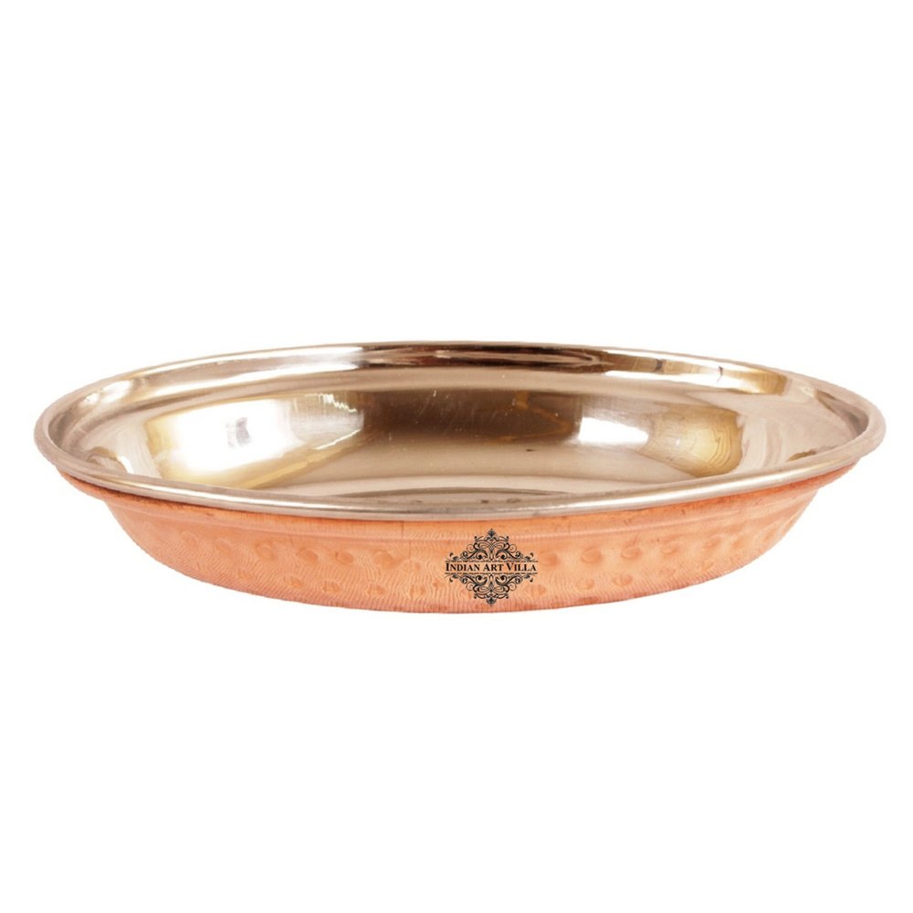 Indian Art Villa Pure Steel Copper Hammered Design Oval Platter - 400ml - 1