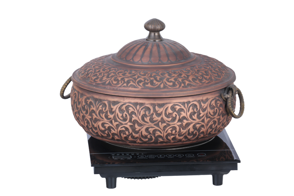 Metal Kraft Round Smokey Flower Embossed Handi with Sanjha Chulah, For Party