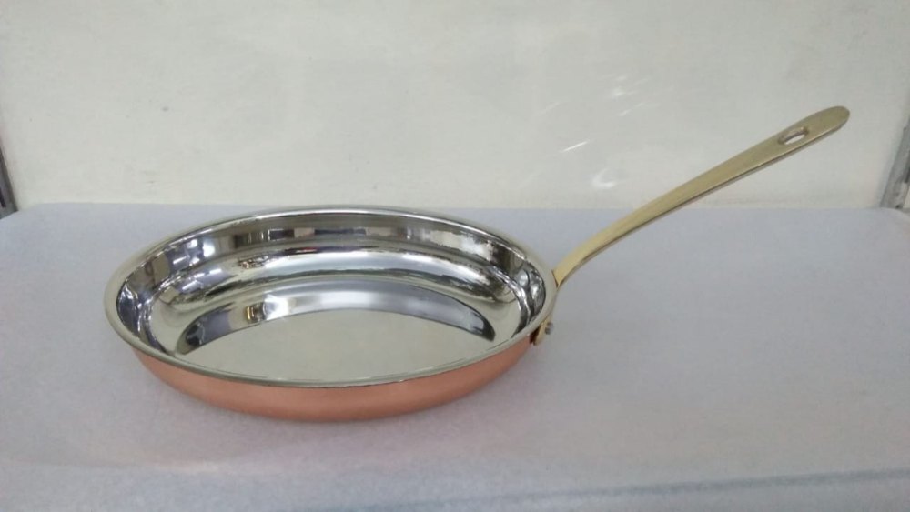 Copper Plated Stainless Steel Oval Serving Bowl Pan with Large Brass Handle