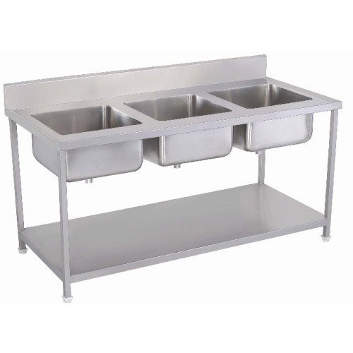 Stainless Steel Three Sink Table, Sink Shape: Curved, Number Of Sinks: 3