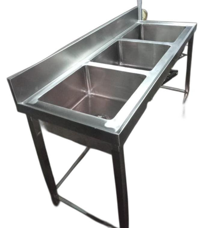 Silver Stainless Steel THREE SINK UNIT WITH CROSS PIPE BRACING