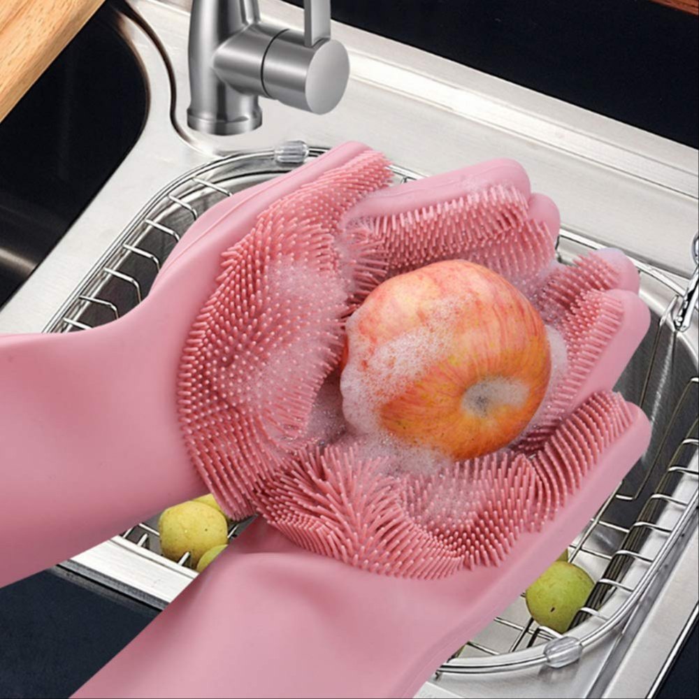 Dishwashing Gloves With Scrubber, Silicone Cleaning Reusable Scrub Gloves