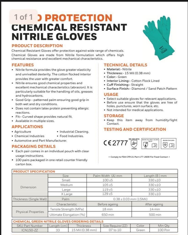 Green HONEYWELL CHEMICAL RESISTANT NITRILE GLOVES, Model Name/Number: ICN150-ZZ