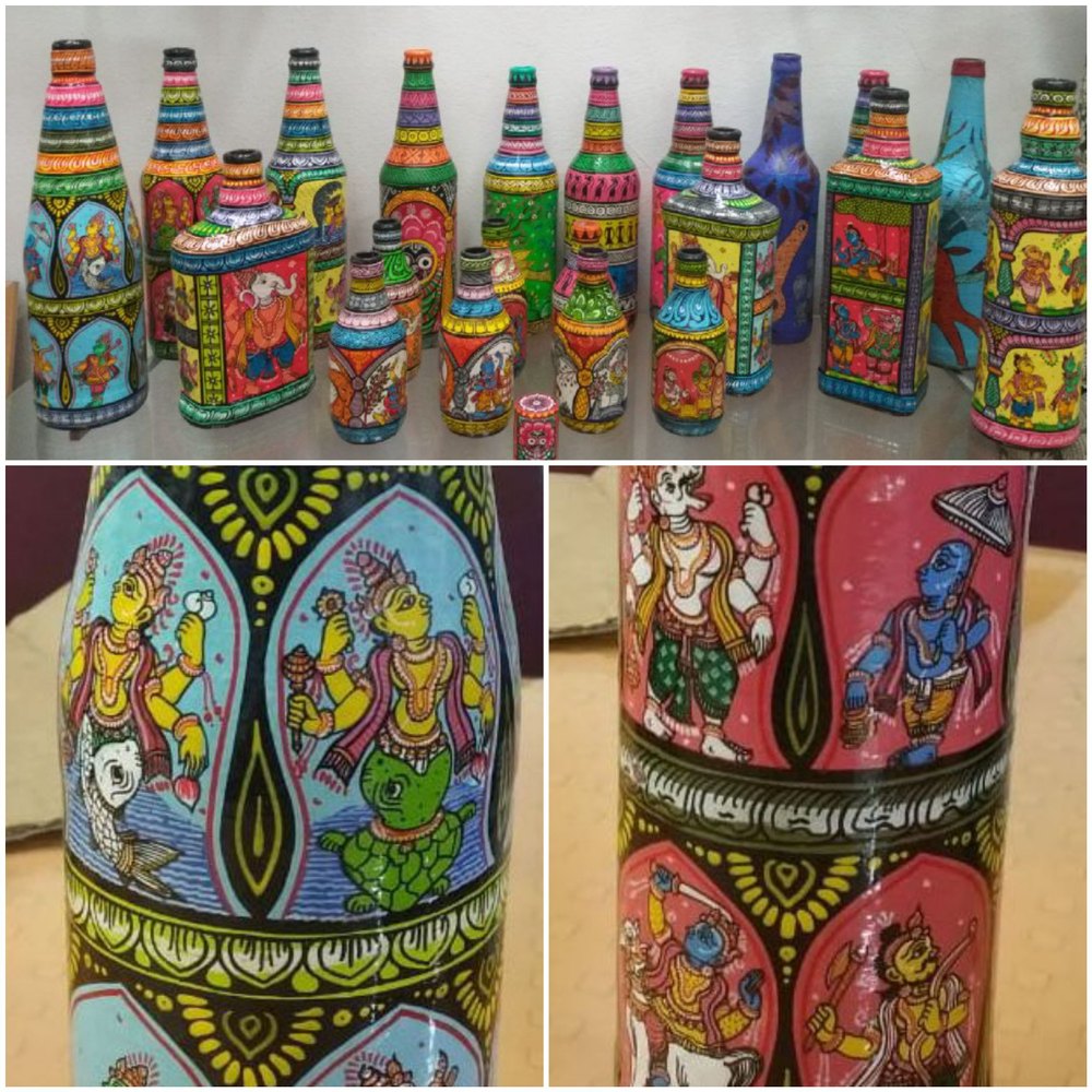 Assorted Designs Glass Pattachitra Decorative Bottles, Size: 12 & 5