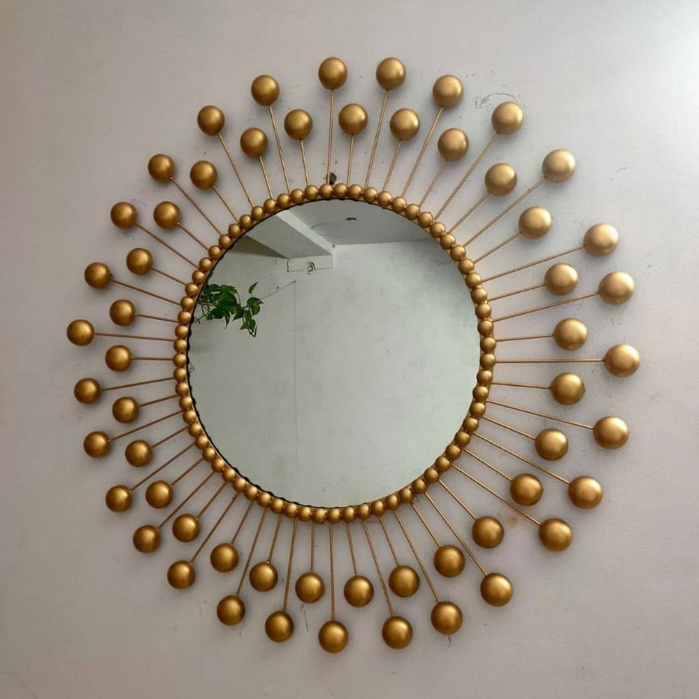Glossy Golden Round Iron Wall Mirror, Size: 50cm