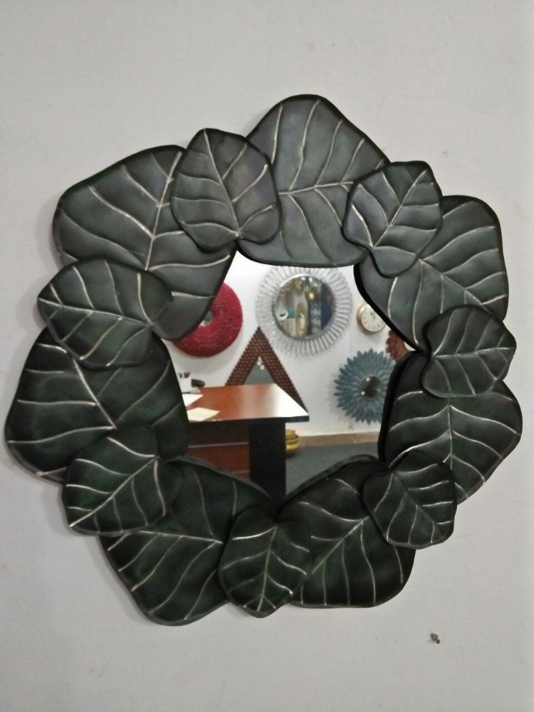 Dark Green Painted. Iron Leaf Mirror for Home