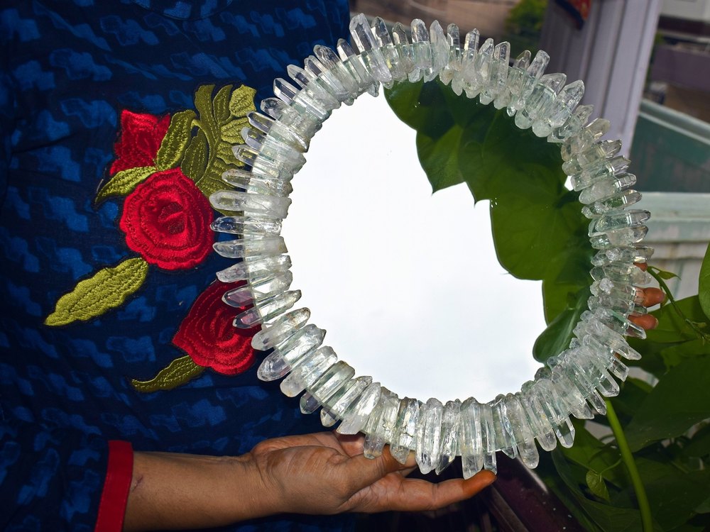 White Wall Hanging Mirror With Natural Clear Crystal Quartz Polished Pencils, For Decoration