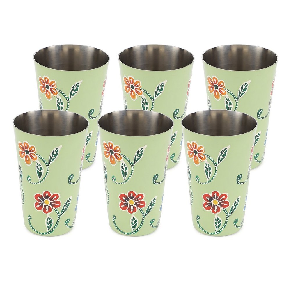 The Cocotier Stainless Steel Hand Painted Classy Big Glasses (Set of 6, Multicolor)