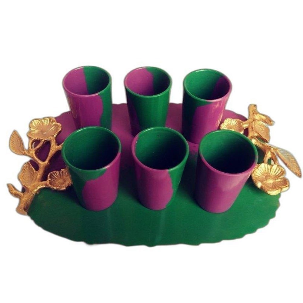Green and Purple and Golden Resin Painted Glass Set, For Home