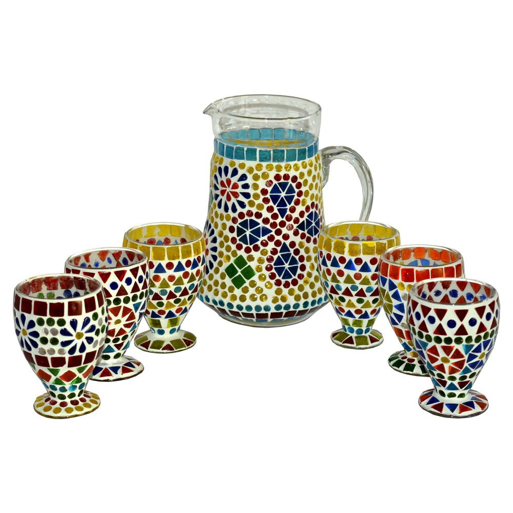 Clear Mosaic Work Jug And Glass Set, for Home, 7
