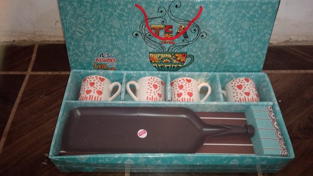 White and Brown 5 Piece Tea Cup Tray Set
