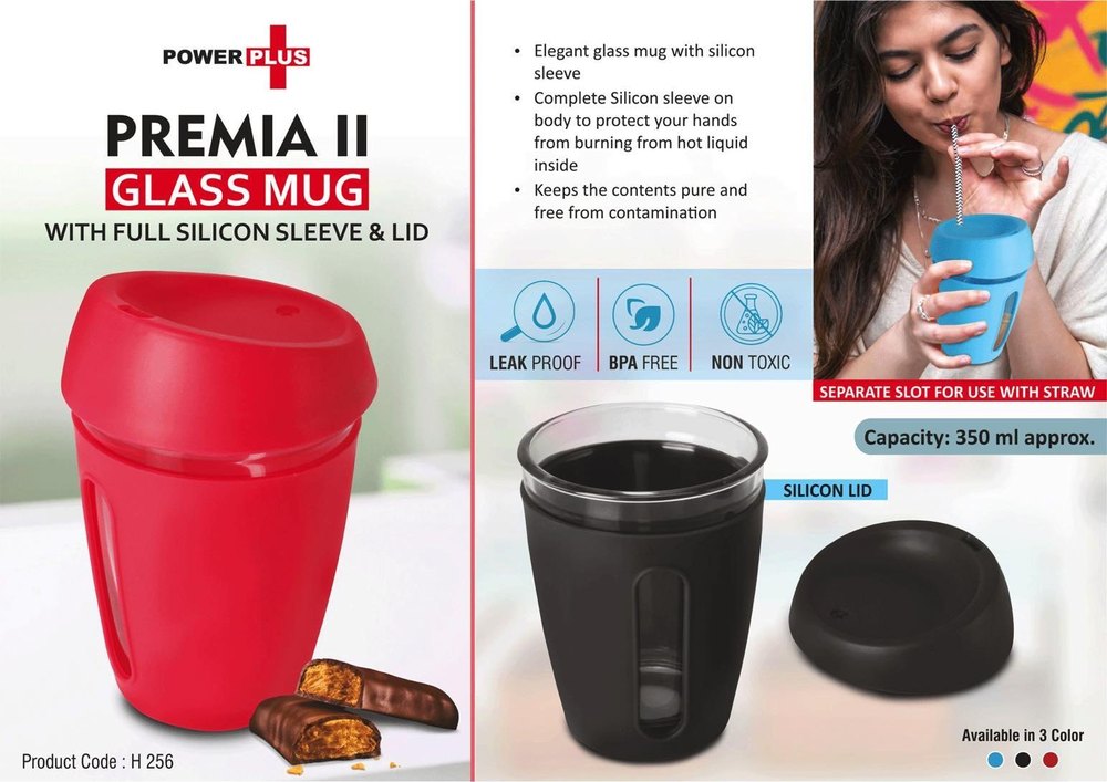 Red Round Premia II: Glass Mug With Full Silicon Sleeve & Lid Capacity: 350 Ml, For Gifting, Size/Dimension: 59 X 39.5 X 31