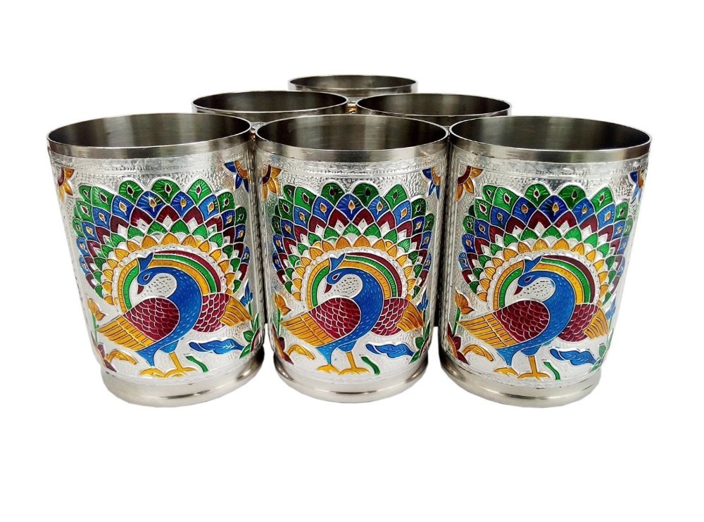 Sajani Stainless Steel Decorative Meenakari Glasses Set Of 6 for Home
