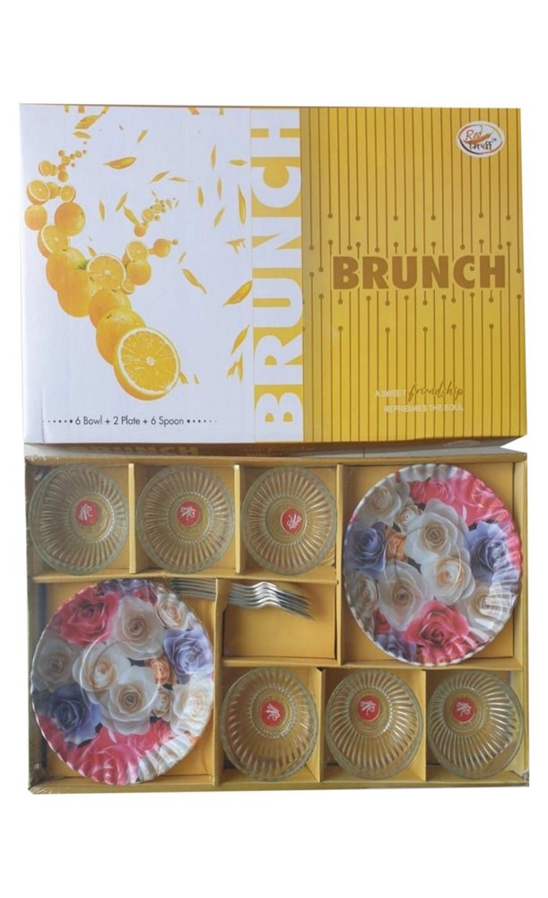 Red Mirchi Round 14 Piece Glass Bowl Plate Set, For Home, Set Contains: 2 Plate+ 6 Bowl+ 6 Spoon