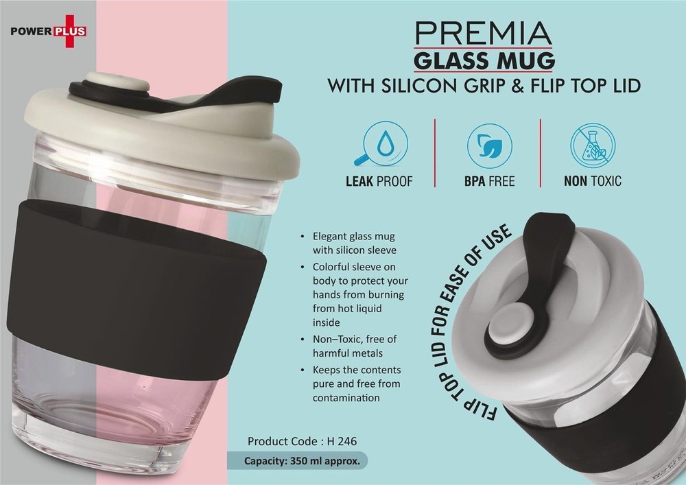 Round Premia: Glass Mug With Silicon Grip & Flip Top Lid, For Gifting